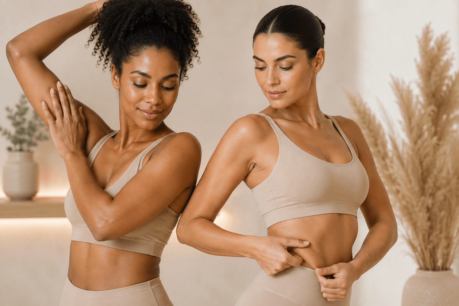 Two women in a calm wellness setting, reflecting body-awareness and skin-firming goals
