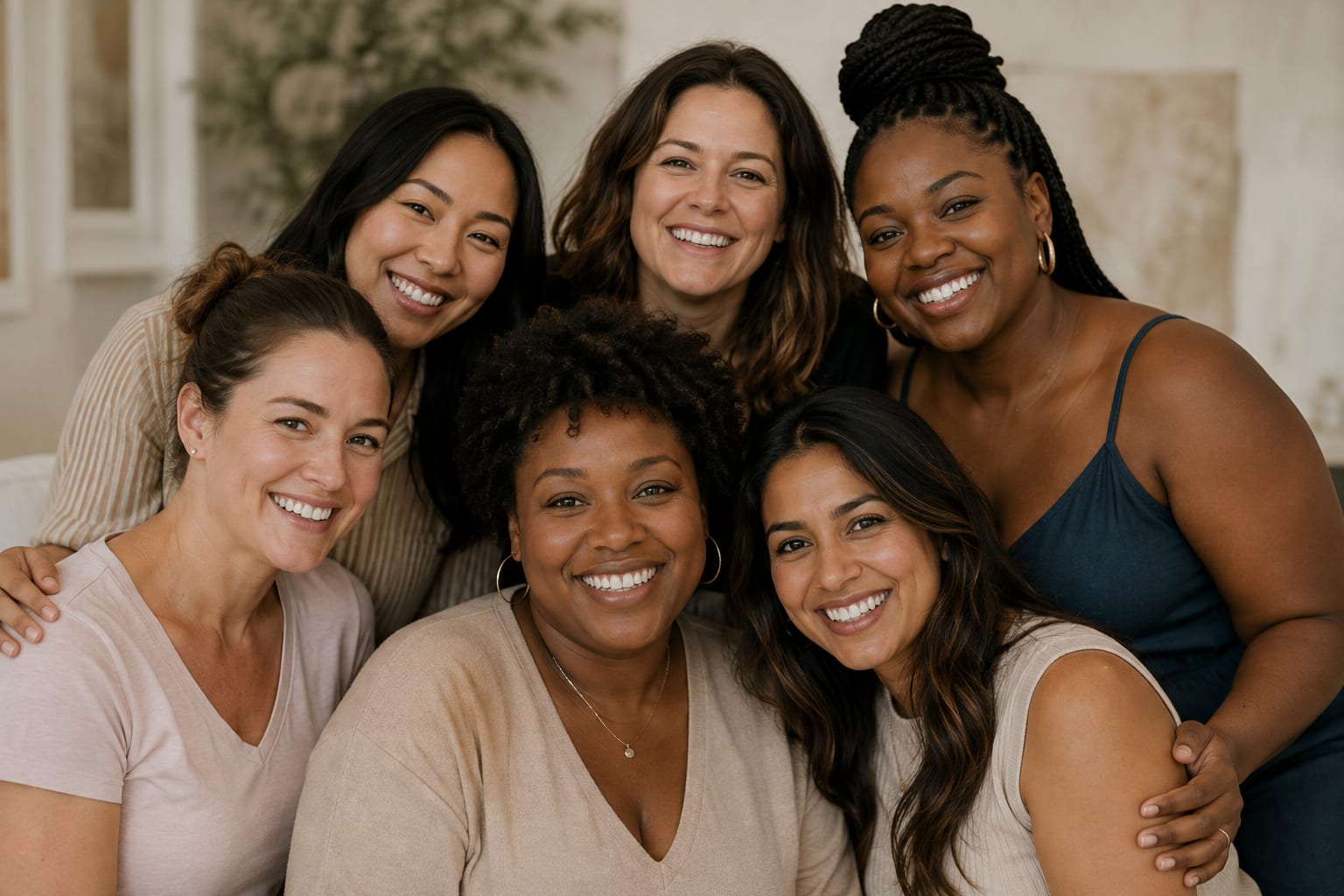 A diverse group of women smiling together