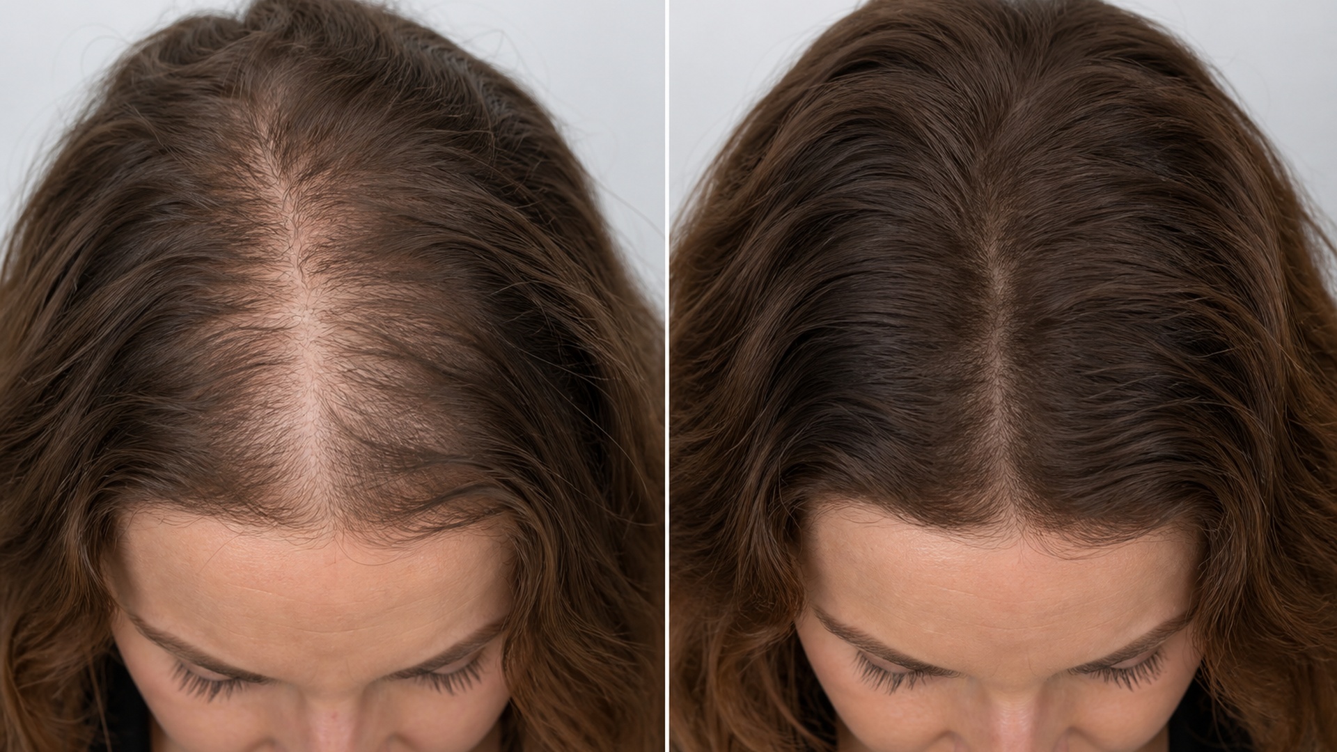 Female front hairline before and after — thinner parting at baseline, fuller density after treatment