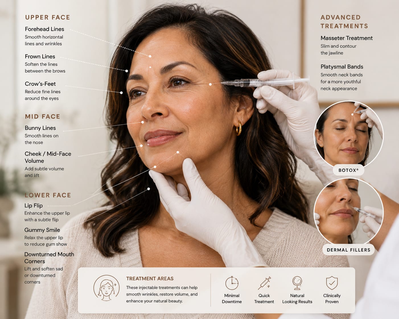 Treatment areas for wrinkle relaxers — forehead, frown lines, crow’s-feet, and more